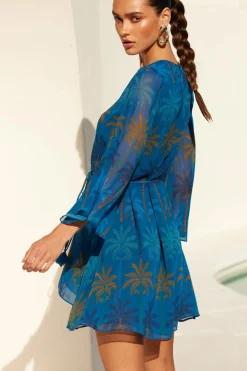 MISA Los Angeles Long-sleeve|Mini>PETRA DRESS Cobaltpalmschiffon