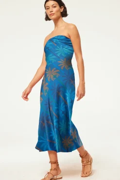 MISA Los Angeles Midi|Wedding Guest>THARA DRESS Cobaltpalmssatin