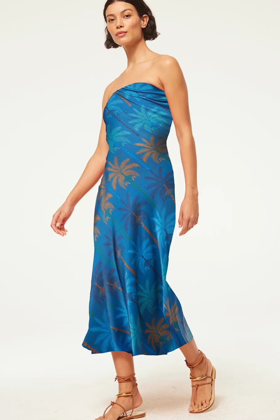 MISA Los Angeles Midi|Wedding Guest>THARA DRESS Cobaltpalmssatin