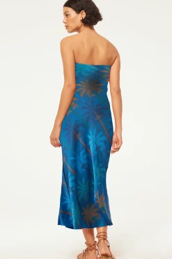 MISA Los Angeles Midi|Wedding Guest>THARA DRESS Cobaltpalmssatin